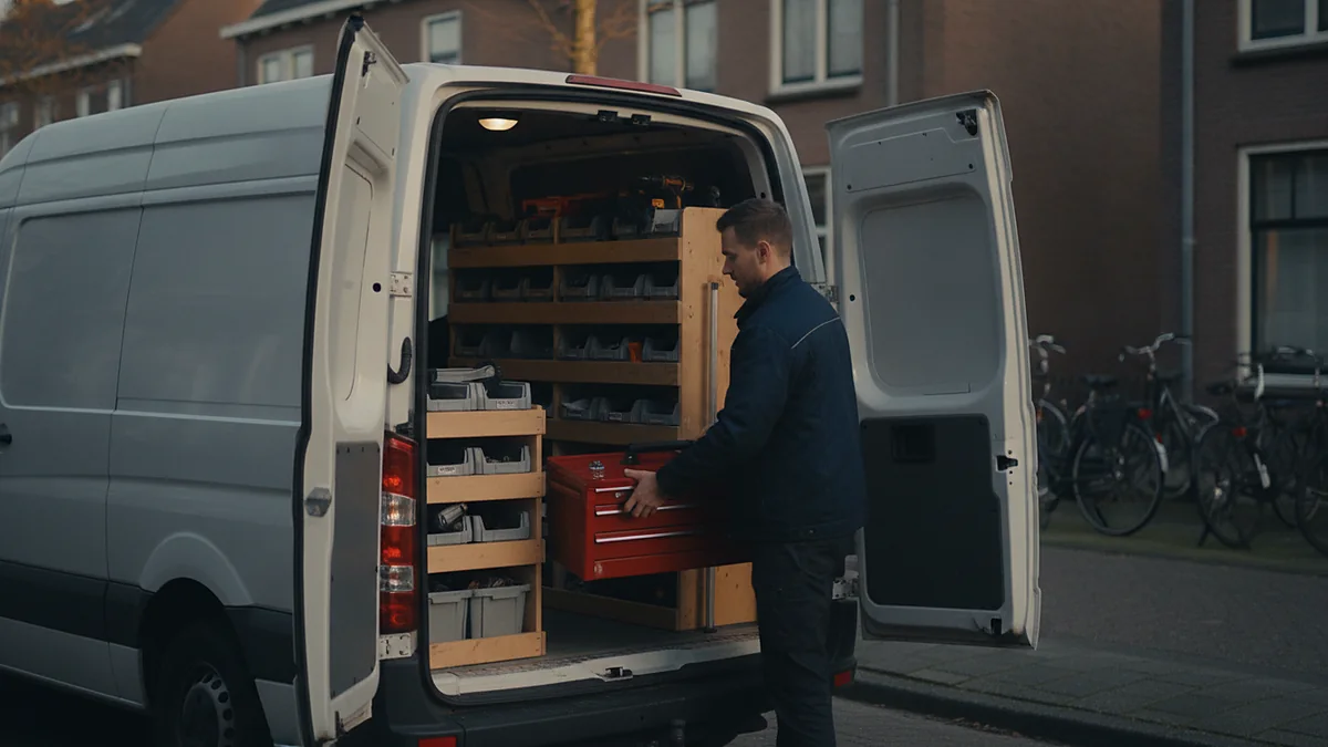 Servicebus in een woonstraat aan het begin van een werkdag