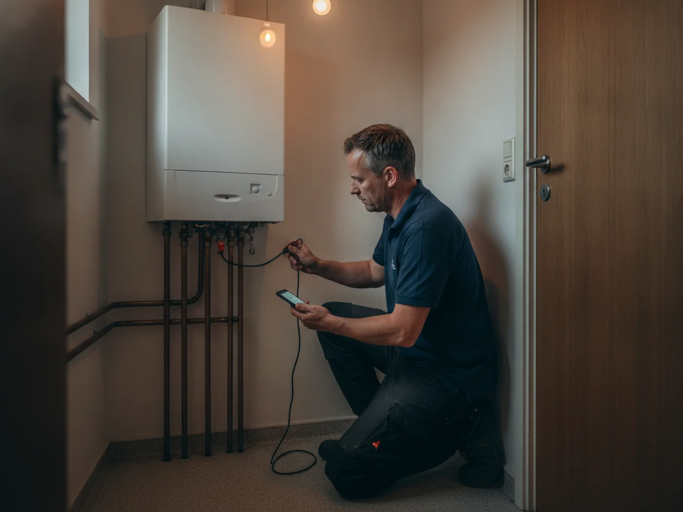 Installateur voert een rookgasmeting uit bij een cv-ketel