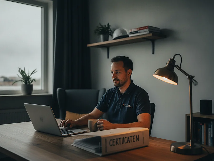 Installateur werkt de administratie bij aan de keukentafel