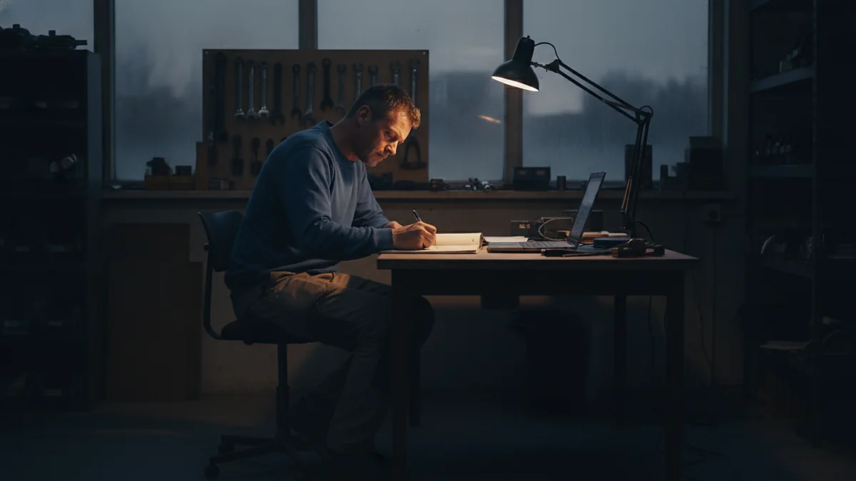 Installateur die aan het eind van de dag zijn eigen jaar doorneemt
