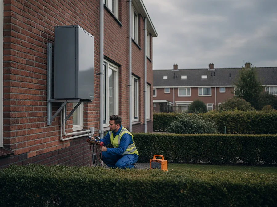 Buitenunit van een warmtepomp aan een Nederlandse gevel